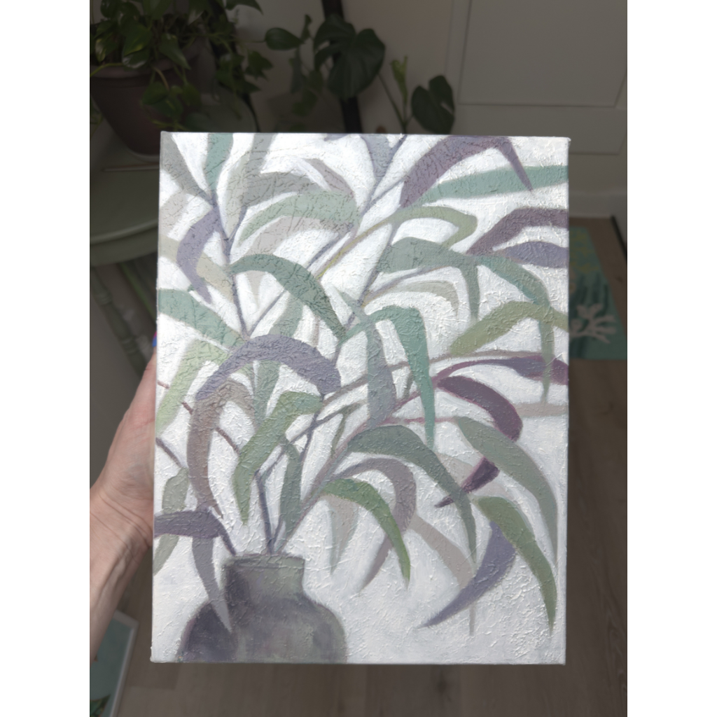 Abstract Botanical Painting “Full of Secrets” – 11x14 Acrylic on Canvas, Neutral Green Wall Art, Gallery Wrapped