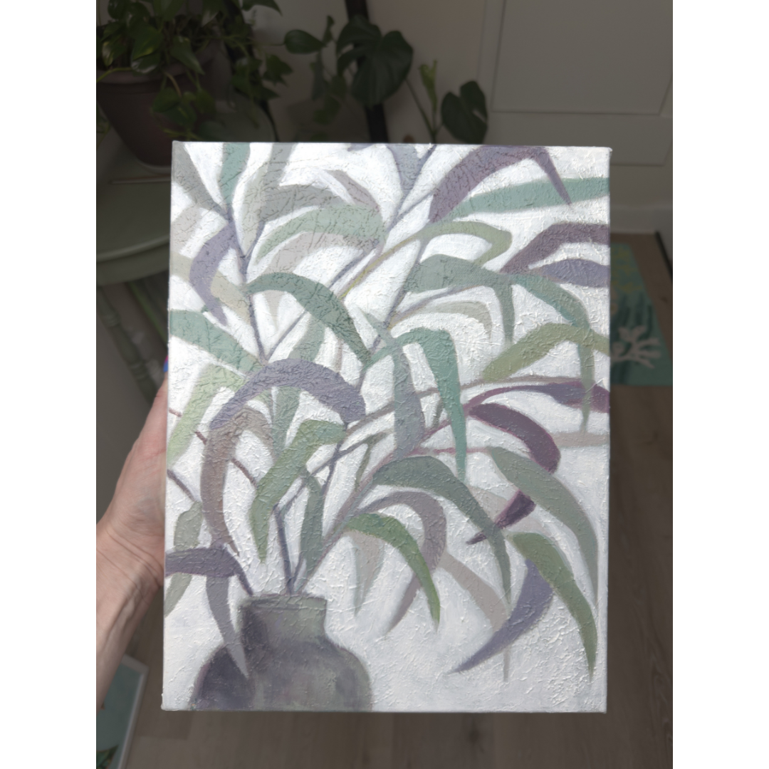 Abstract Botanical Painting “Full of Secrets” – 11x14 Acrylic on Canvas, Neutral Green Wall Art, Gallery Wrapped